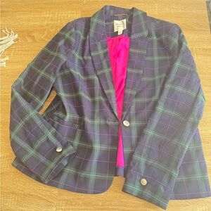 Plaid Blazer with Vibrant Pink Lining